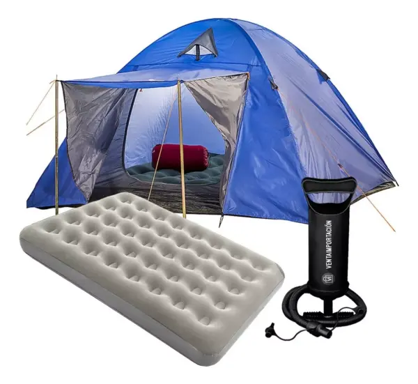 Carpa 4 Personas Reforzada Con 2 Techos + 2 Colchón De 2 Plazas + Inflador + Mosquitero Marca Sufin