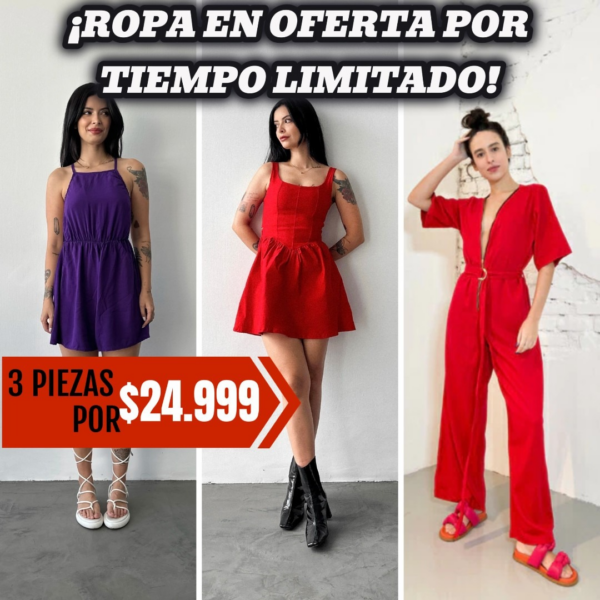 KIT PARA MUJER COMPRA 1 Y LLÉVATE 3 (mini greta, vestido de fiesta, overol disco).